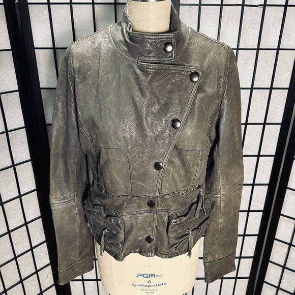 Haute Hippie Rounded Collar Zipper & Button Front Leather Jacket Asymmetric Flap - Picture 2 of 10